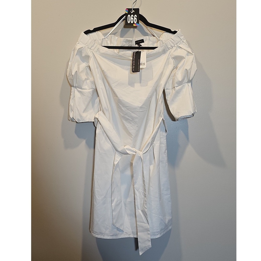Banana Republic White Off‎ The Shoulder Puff Sleeve Tie Waist Mini Dress 6 NWT